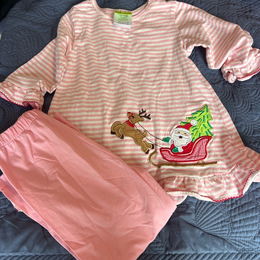 Kids Pink Striped Pajamas with Santa and Reindeer Design